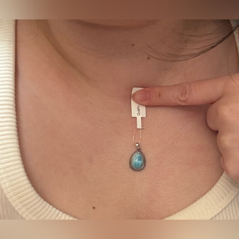 925 silver Larimar teardrop pear pendant blue crystal gemstone bezel set antique - Picture 6 of 6